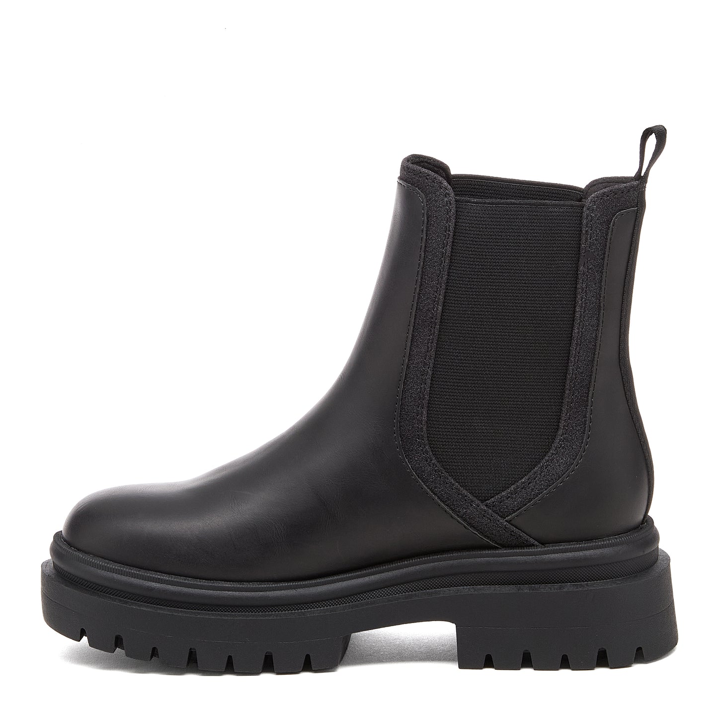 Drake Black Boots black boots inner side view showing side elastic panel, pull tab and chunky treaded sole