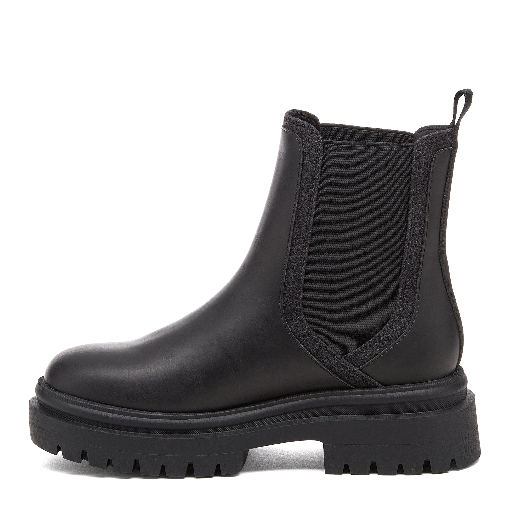 Drake Black Boots black boots inner side view showing side elastic panel, pull tab and chunky treaded sole