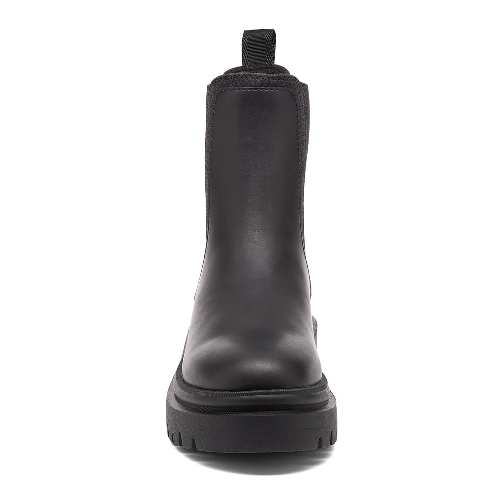 Drake Black Boots black boots front view showing rounded toe, pull tab and chunky treaded sole
