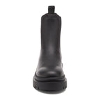 Drake Black Boots black boots front view showing rounded toe, pull tab and chunky treaded sole