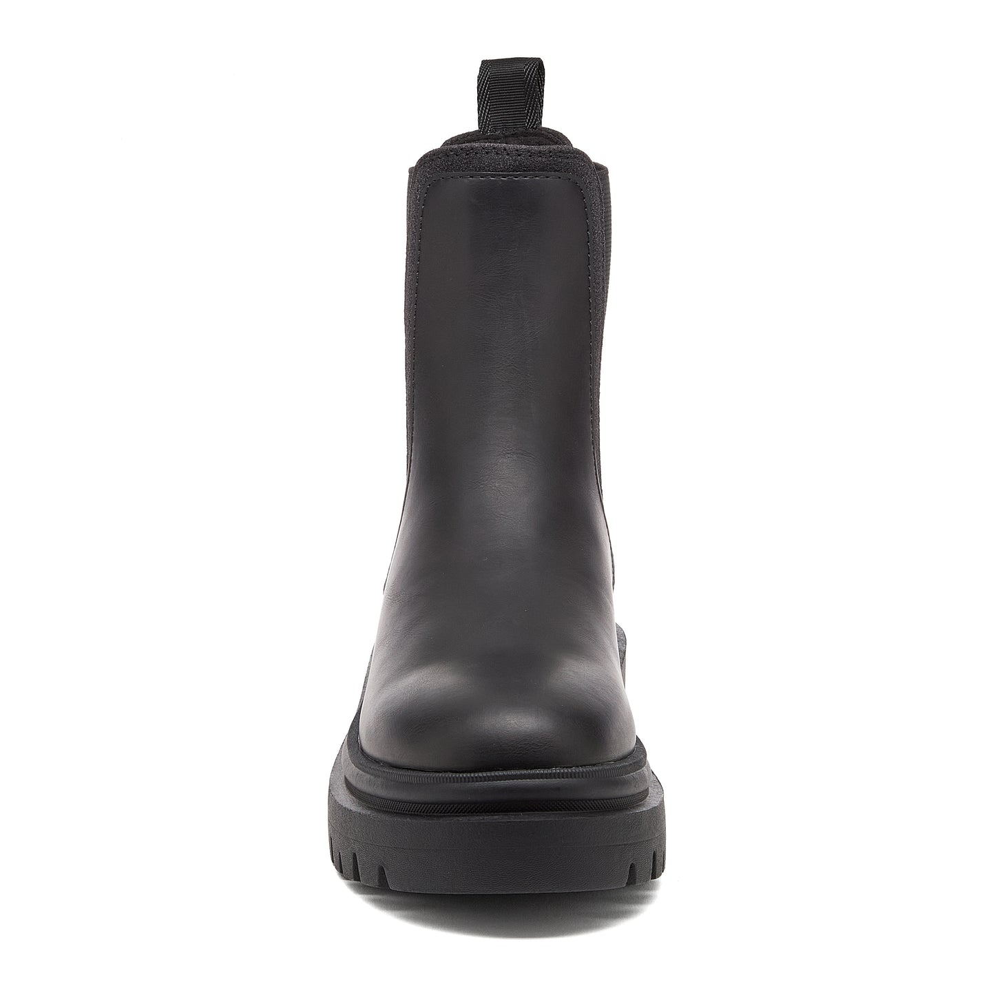 Drake Black Boots black boots front view showing rounded toe, pull tab and chunky treaded sole