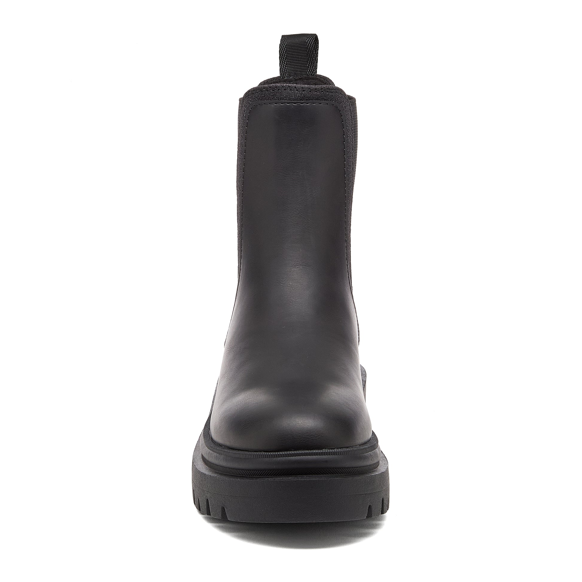Drake Black Boots black boots front view showing rounded toe, pull tab and chunky treaded sole