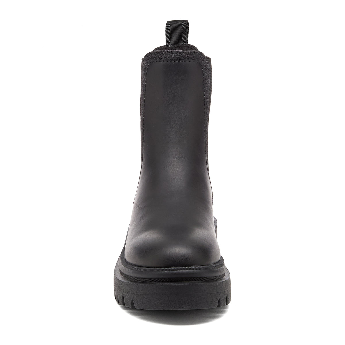 Drake Black Boots black boots front view showing rounded toe, pull tab and chunky treaded sole