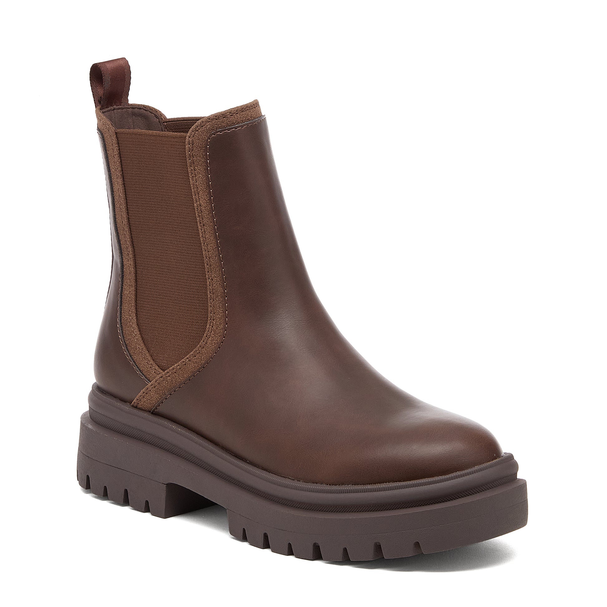 Drake Dark Brown Boots front angle showing rounded toe, side panel and chunky sole