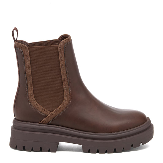 Drake Dark Brown Boots side view showing Chelsea boot panel, pull tab and chunky treaded sole