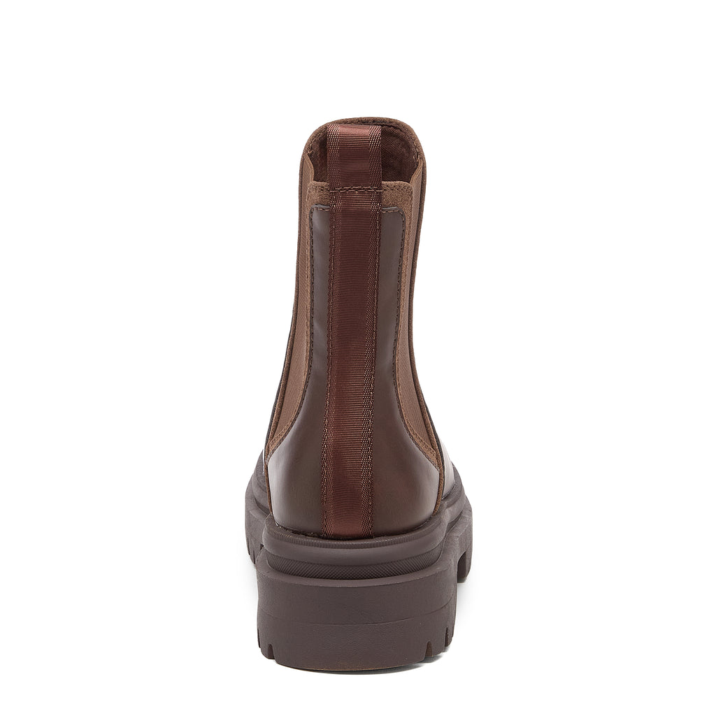 Drake Dark Brown Boots back view showing rear pull tab, stitching and chunky sole