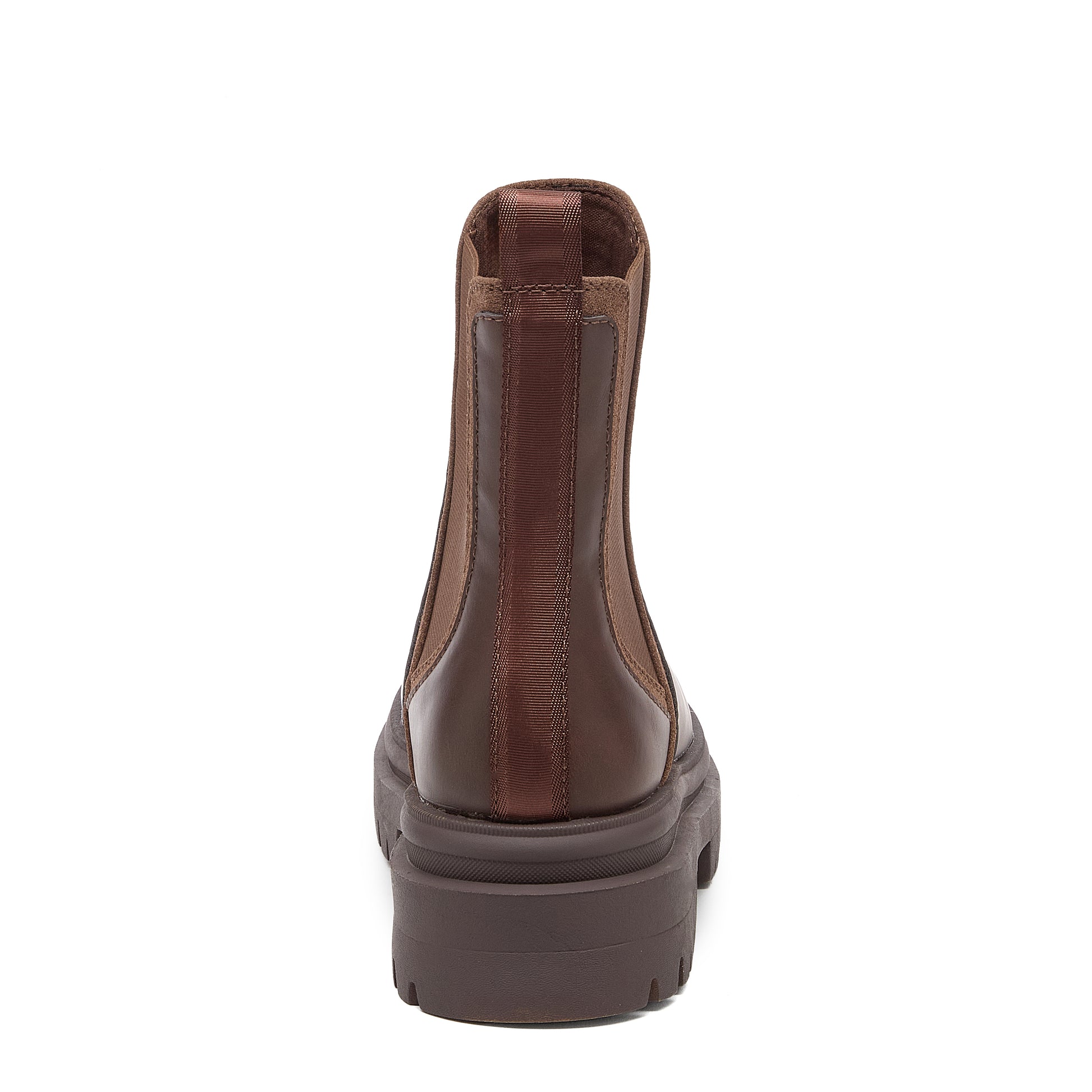 Drake Dark Brown Boots back view showing rear pull tab, stitching and chunky sole