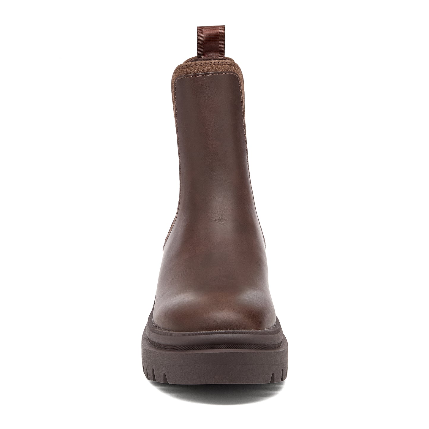 Drake Dark Brown Boots front view showing rounded toe, pull tab and chunky sole