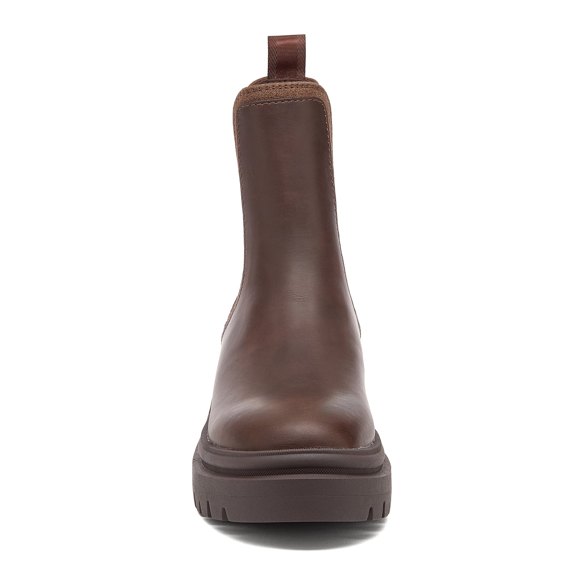Drake Dark Brown Boots front view showing rounded toe, pull tab and chunky sole