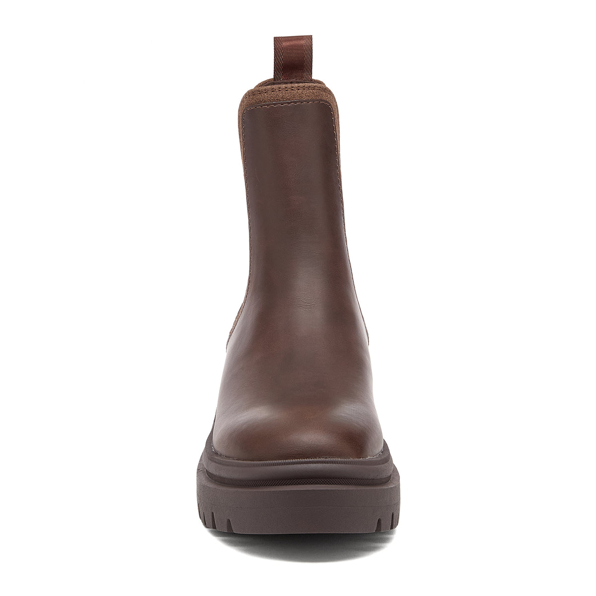 Drake Dark Brown Boots front view showing rounded toe, pull tab and chunky sole