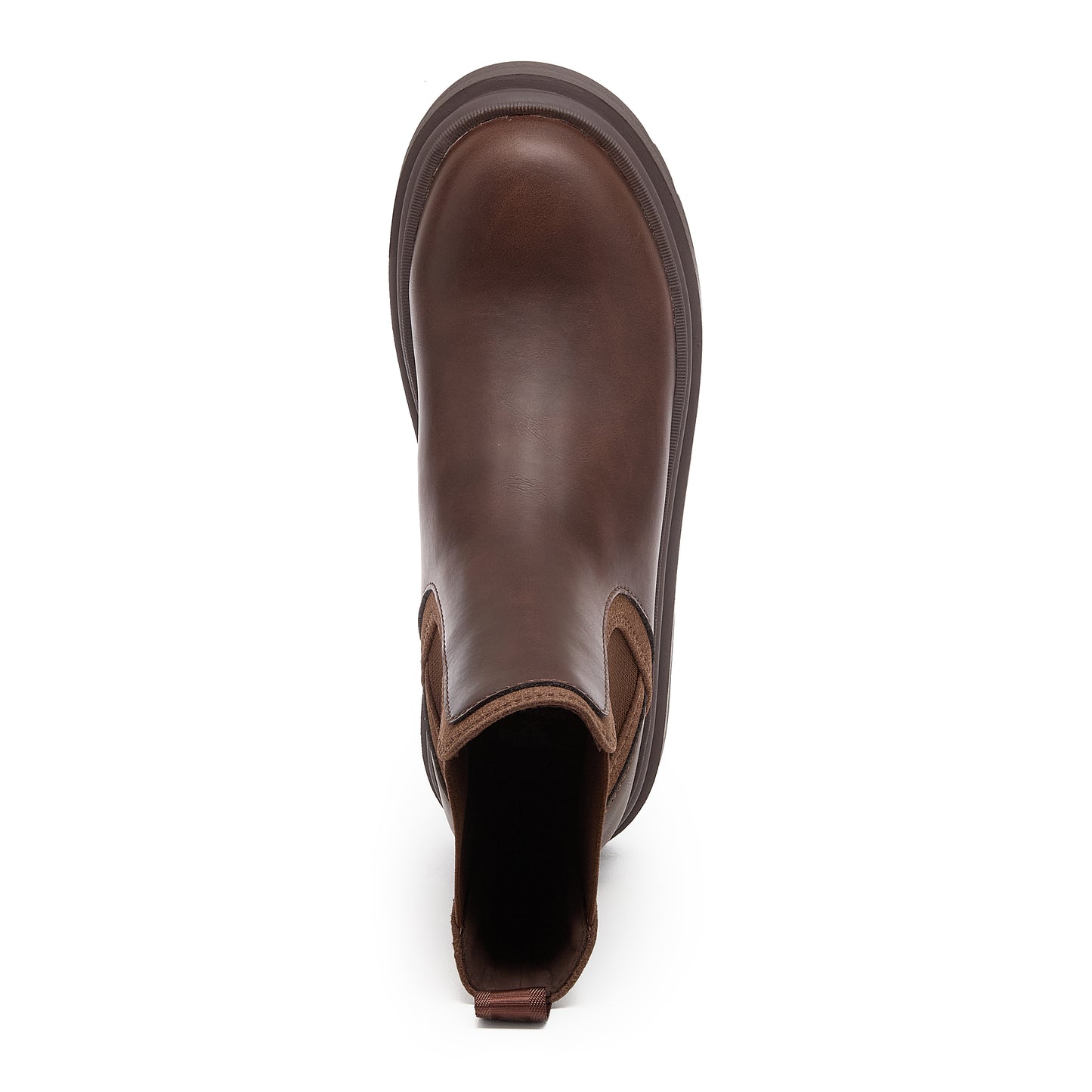 Drake Dark Brown Boots top view showing rounded toe, side panels and open ankle