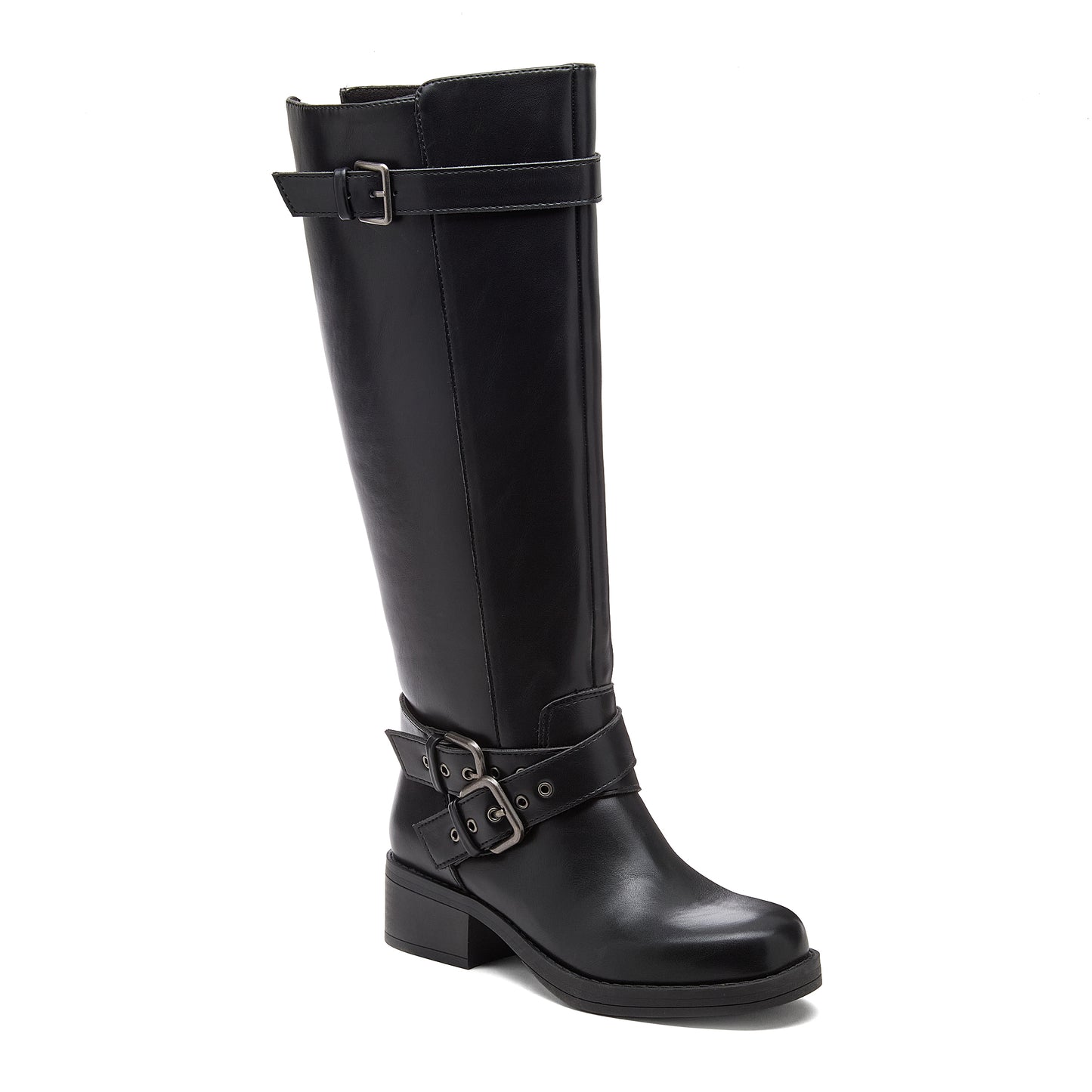 Fillie Black Boots angled front view showing buckle straps at the calf and ankle