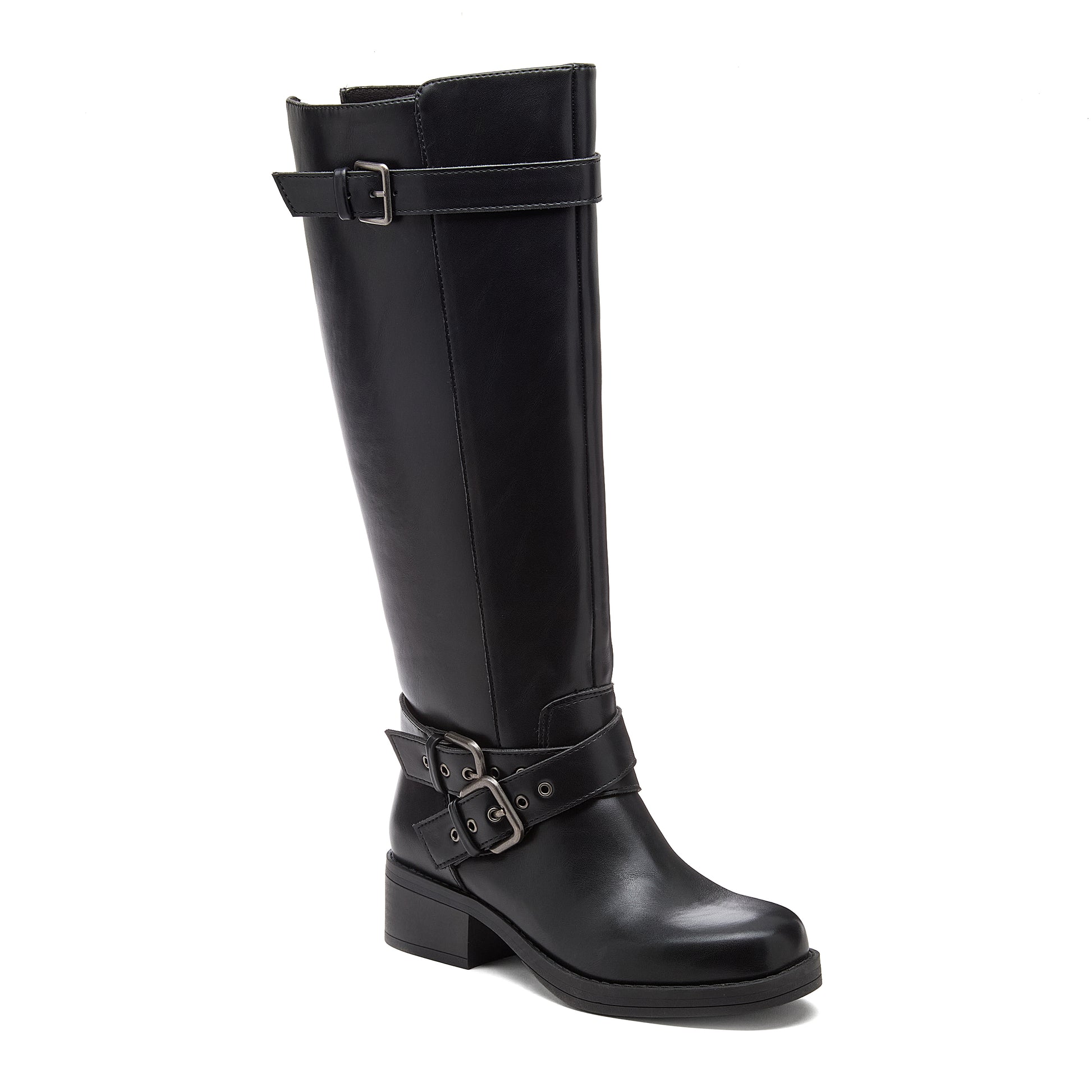 Fillie Black Boots angled front view showing buckle straps at the calf and ankle
