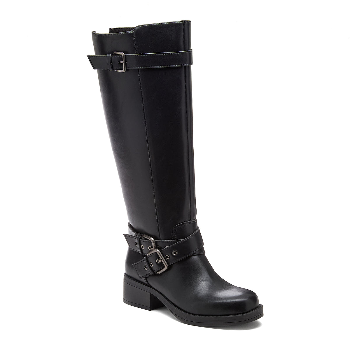 Fillie Black Boots angled front view showing buckle straps at the calf and ankle
