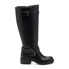 Fillie Black Boots outer side view showing tall black boots with double ankle buckles