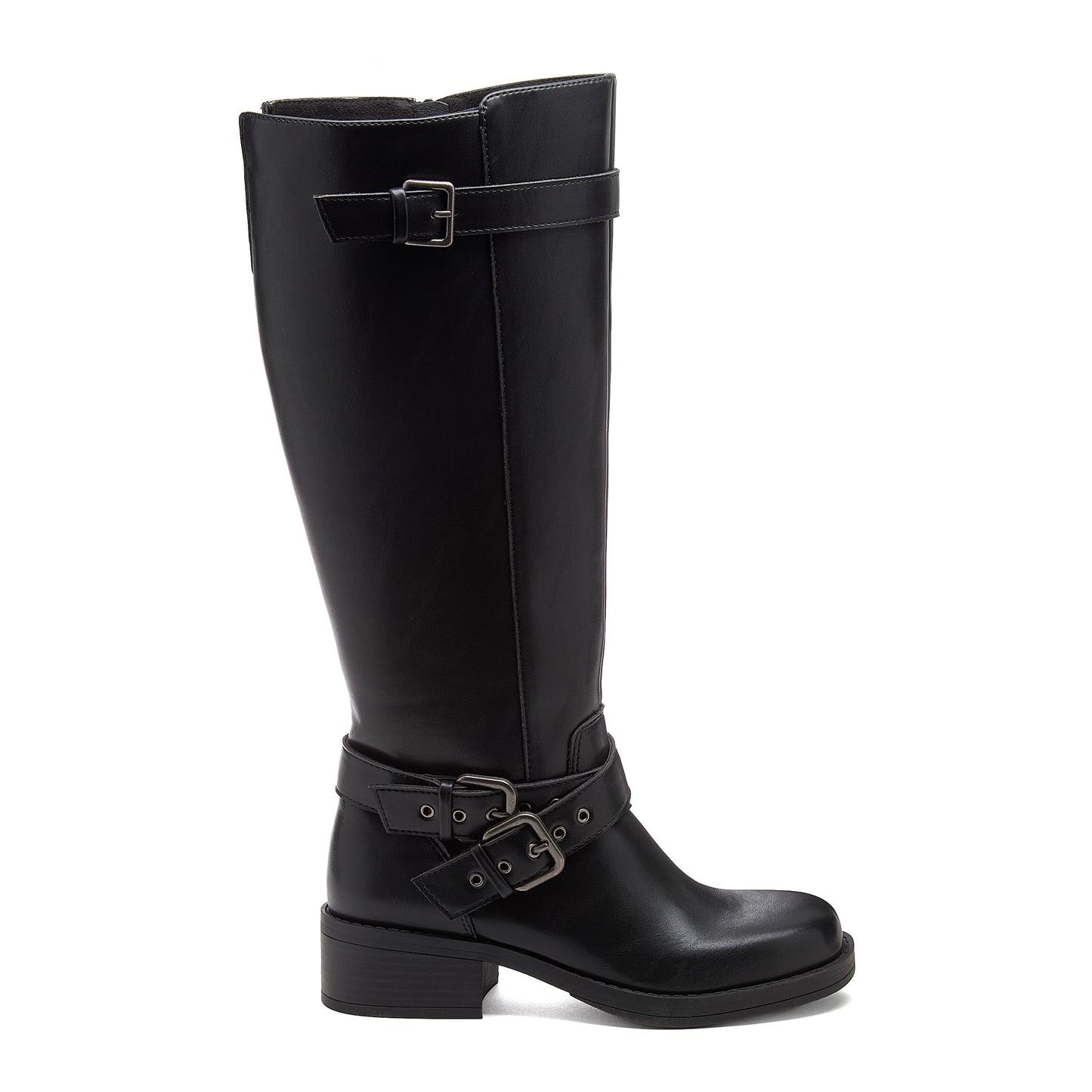Fillie Black Boots outer side view showing tall black boots with double ankle buckles