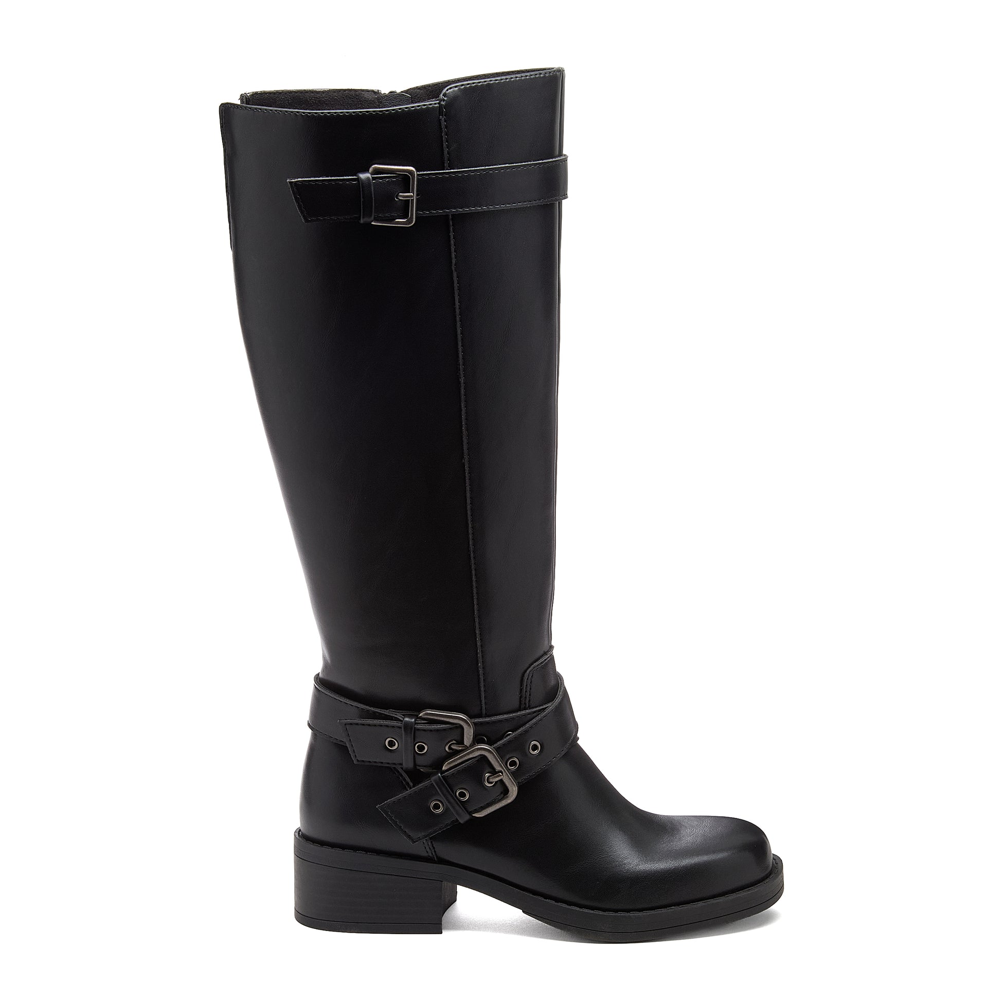 Fillie Black Boots outer side view showing tall black boots with double ankle buckles