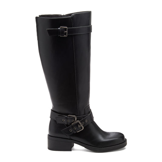 Fillie Black Boots outer side view showing tall black boots with double ankle buckles