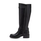 Fillie Black Boots side view showing black tall boots with side zip and low block heel