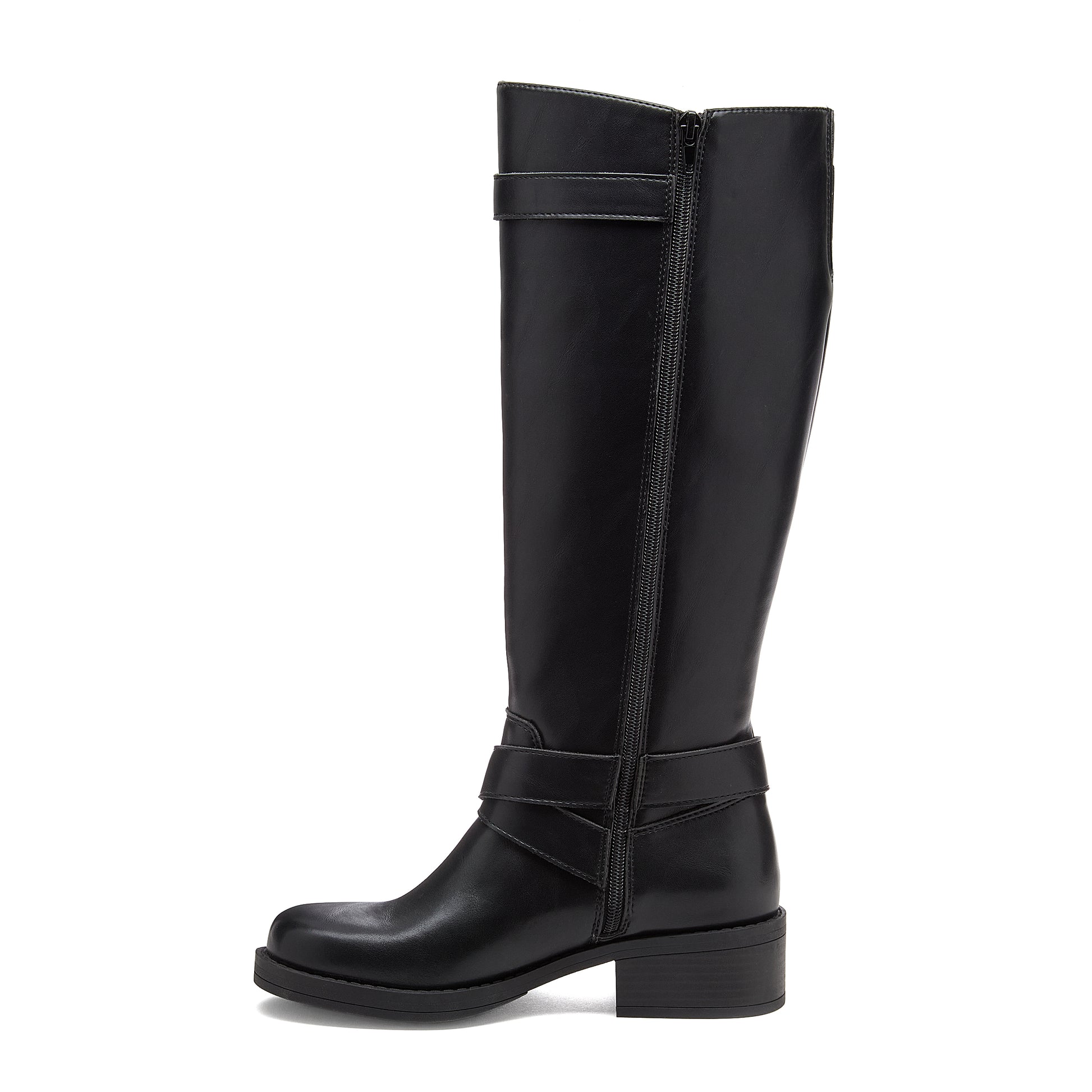 Fillie Black Boots side view showing black tall boots with side zip and low block heel