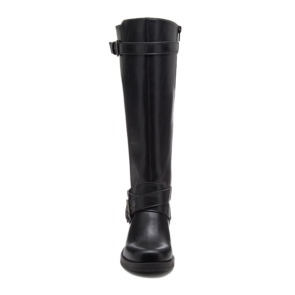 Fillie Black Boots front view showing tall black boots with buckle straps and rounded toe