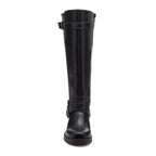 Fillie Black Boots front view showing tall black boots with buckle straps and rounded toe