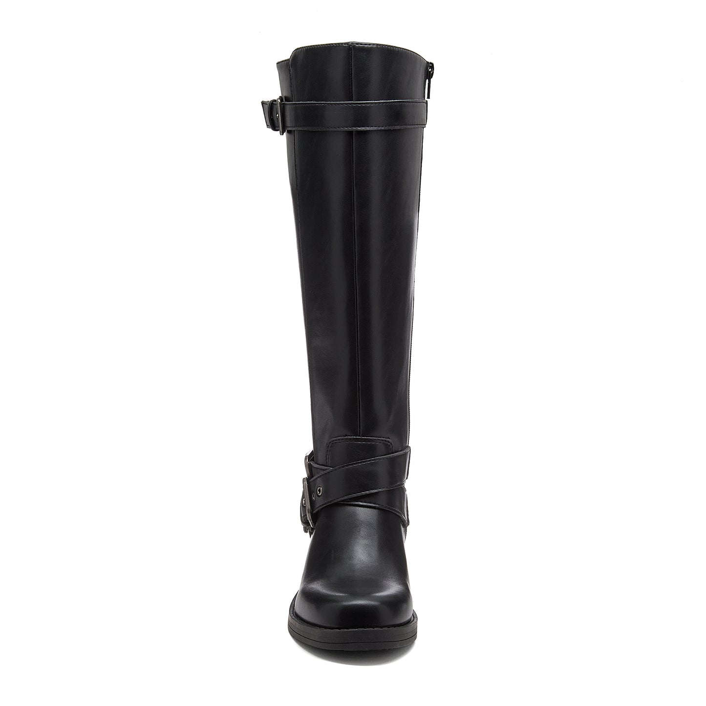 Fillie Black Boots front view showing tall black boots with buckle straps and rounded toe