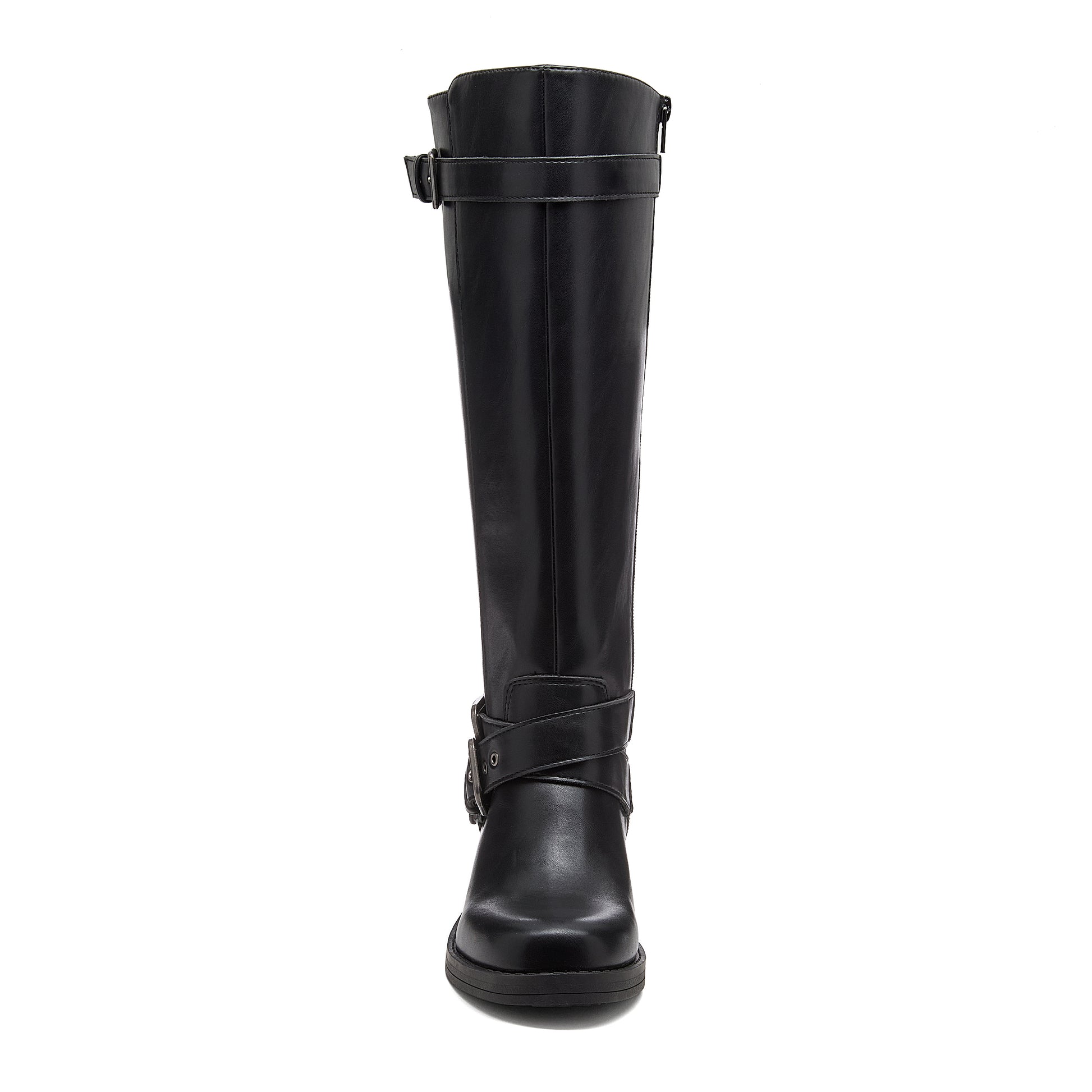 Fillie Black Boots front view showing tall black boots with buckle straps and rounded toe