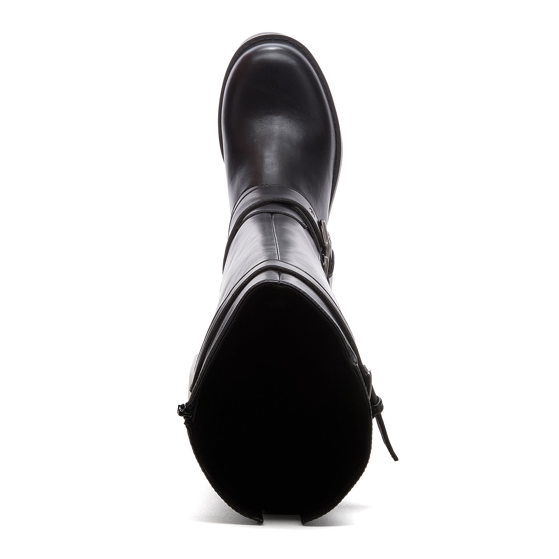 Fillie Black Boots top view showing tall boot opening, rounded toe and side zip