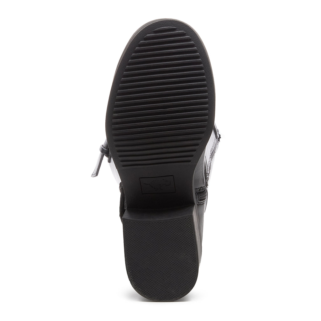Fillie Black Boots sole view showing black treaded sole and block heel