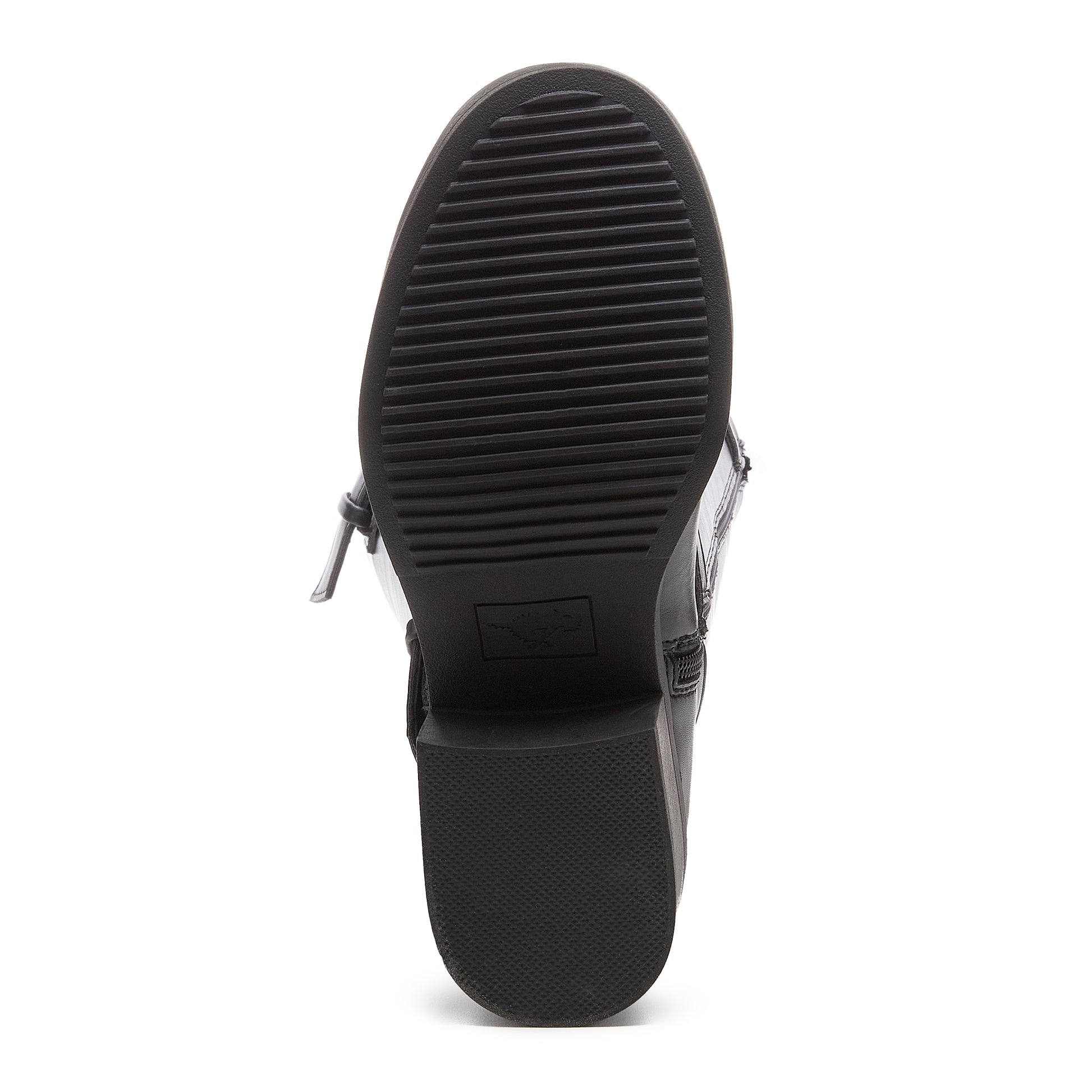 Fillie Black Boots sole view showing black treaded sole and block heel