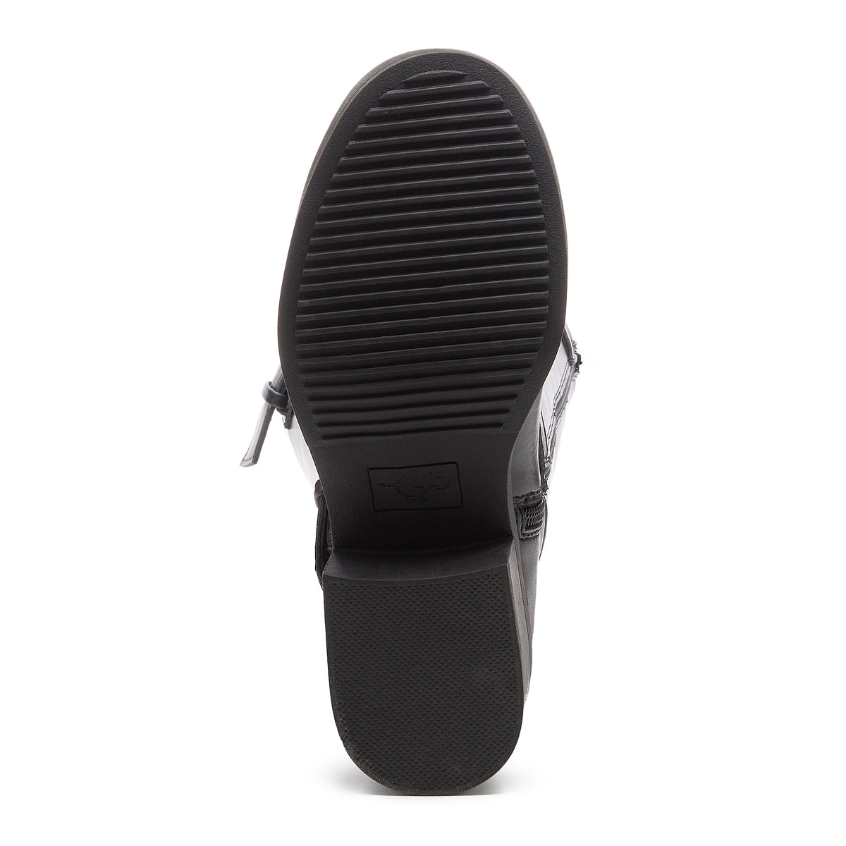 Fillie Black Boots sole view showing black treaded sole and block heel