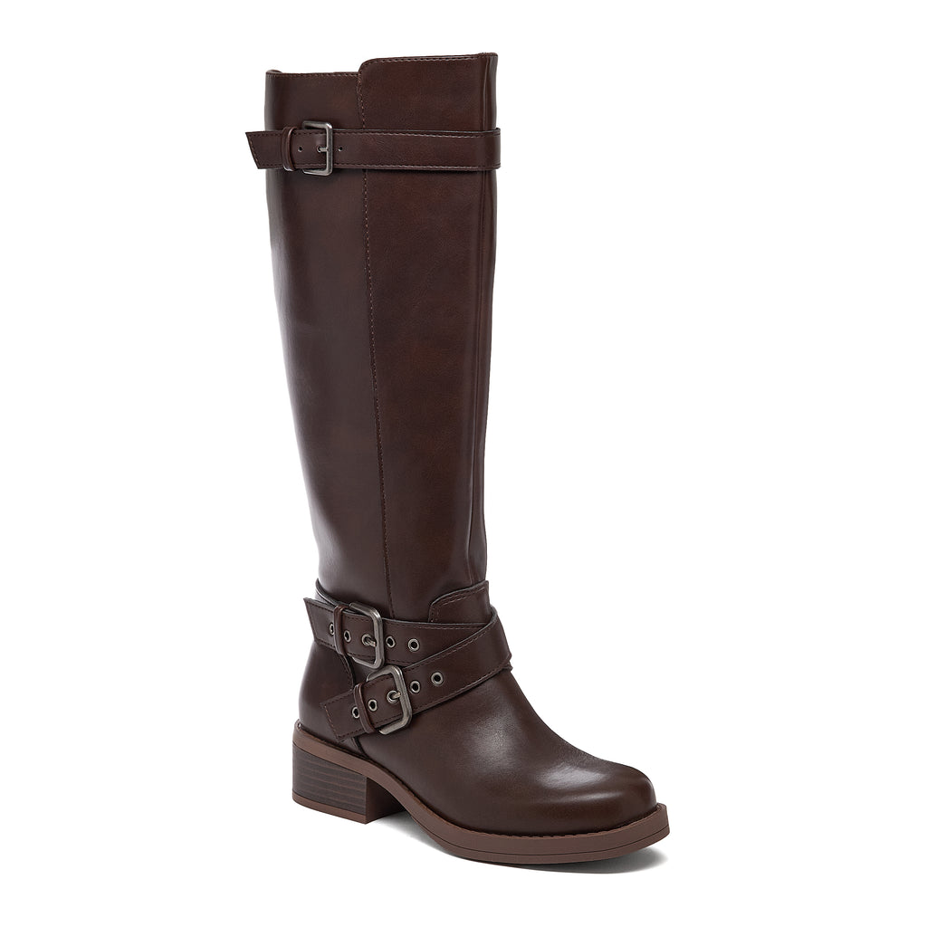 Fillie Dark Brown Boots front angle showing buckle straps at the calf and ankle