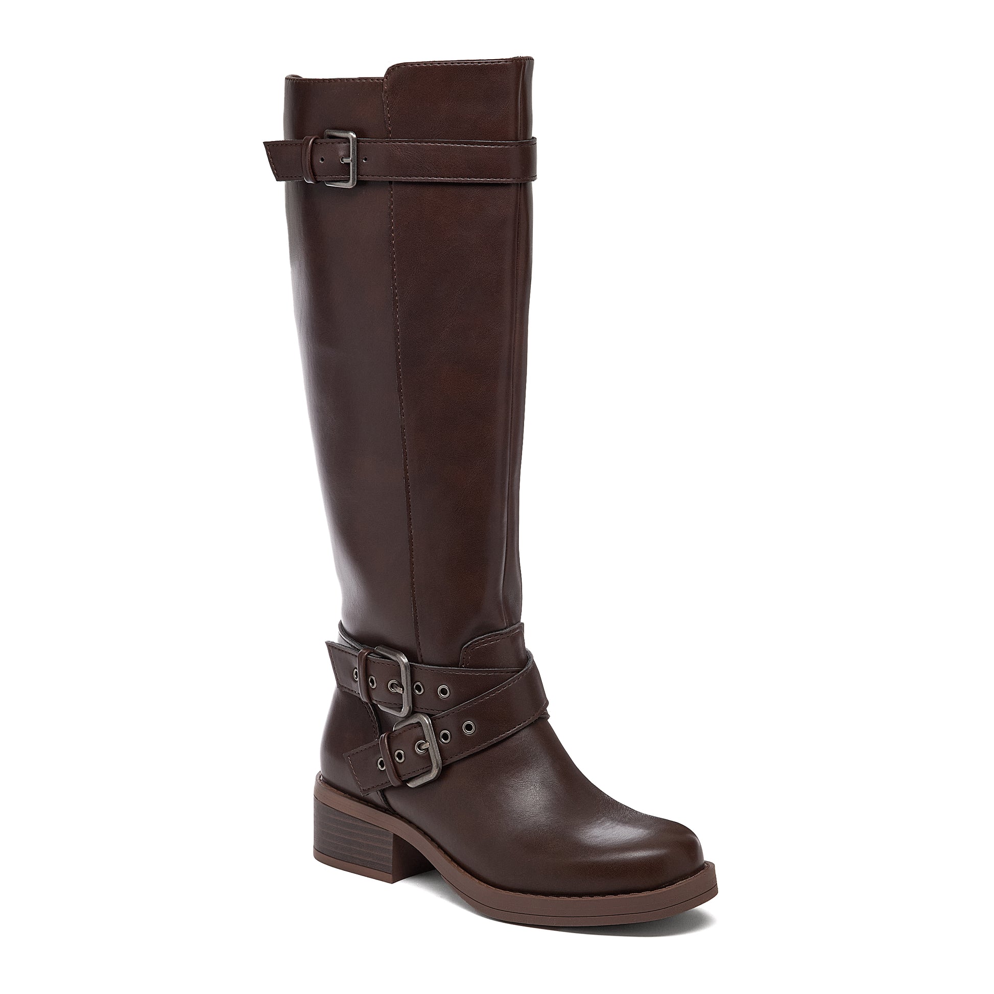 Fillie Dark Brown Boots front angle showing buckle straps at the calf and ankle