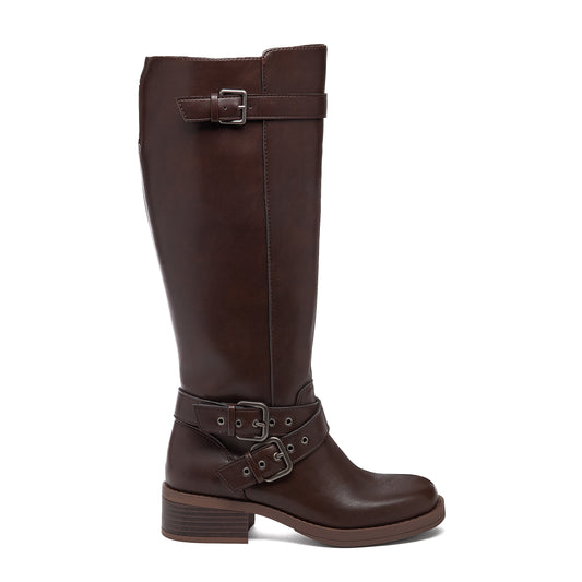 Fillie Dark Brown Boots side view showing dark brown tall boot with double buckle ankle detail