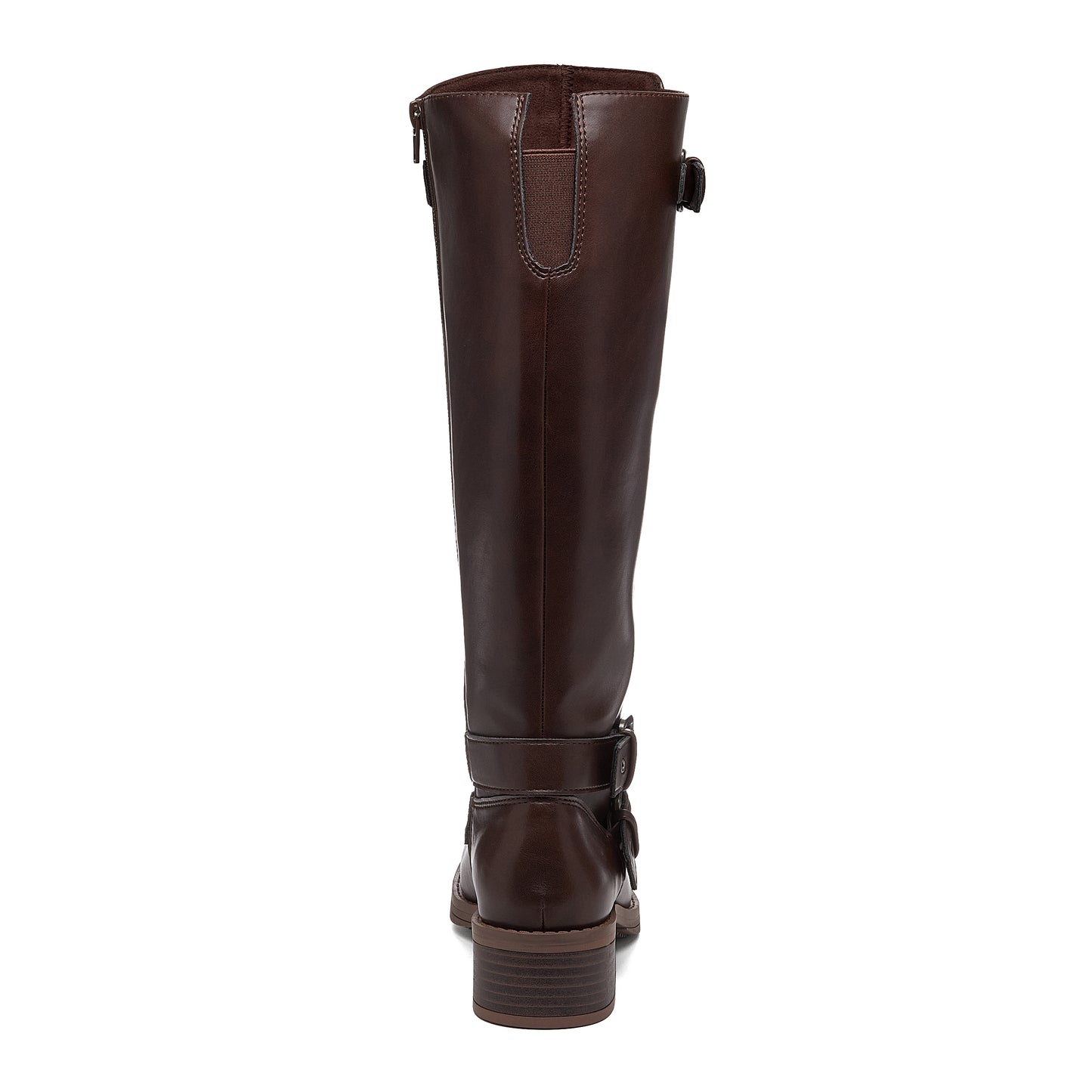 Fillie Dark Brown Boots back view showing tall shaft, heel and rear stretch panel detail