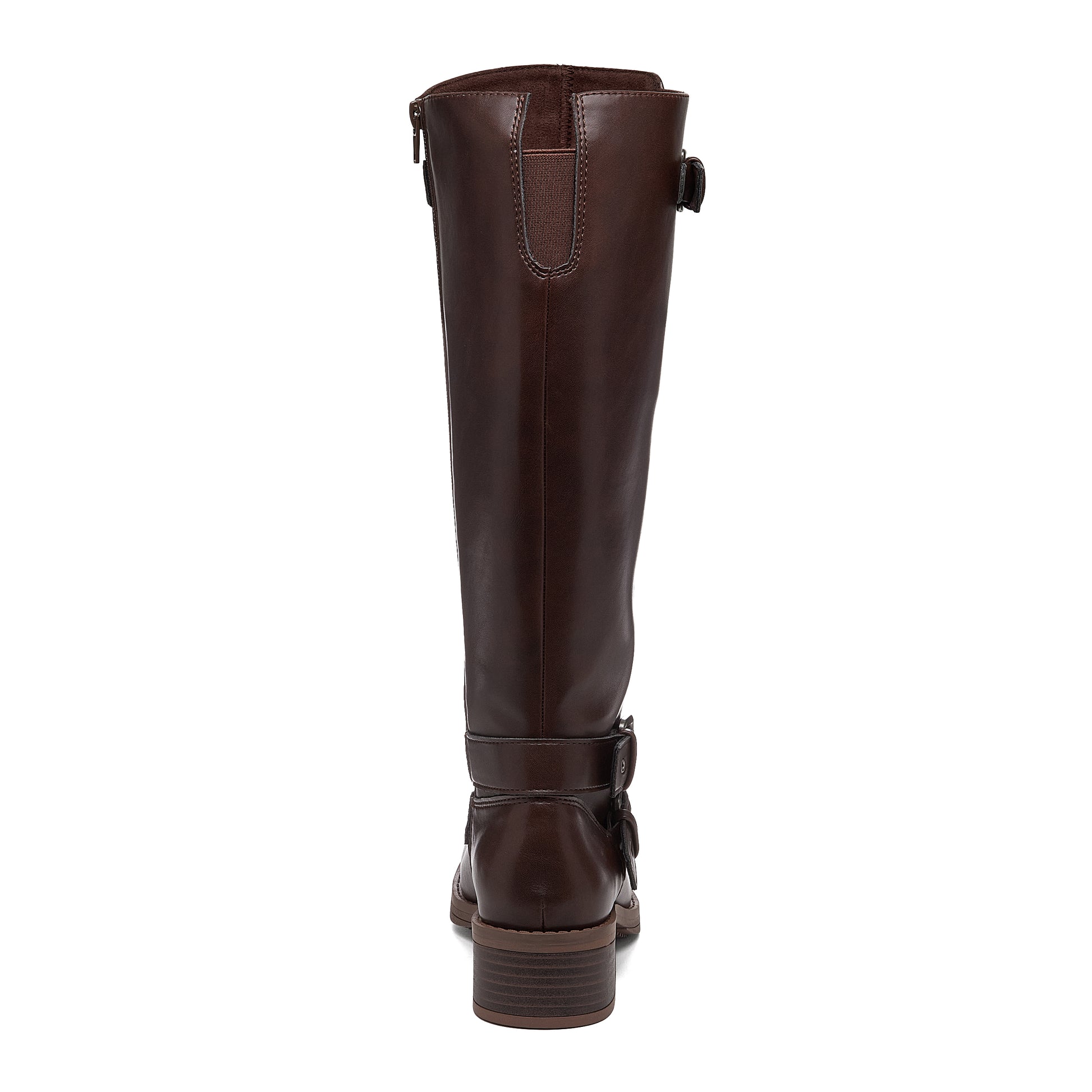 Fillie Dark Brown Boots back view showing tall shaft, heel and rear stretch panel detail