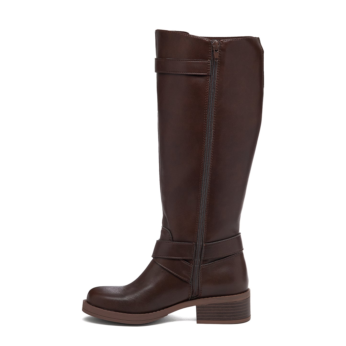 Fillie Dark Brown Boots side view showing tall boot shape, side zip and low block heel