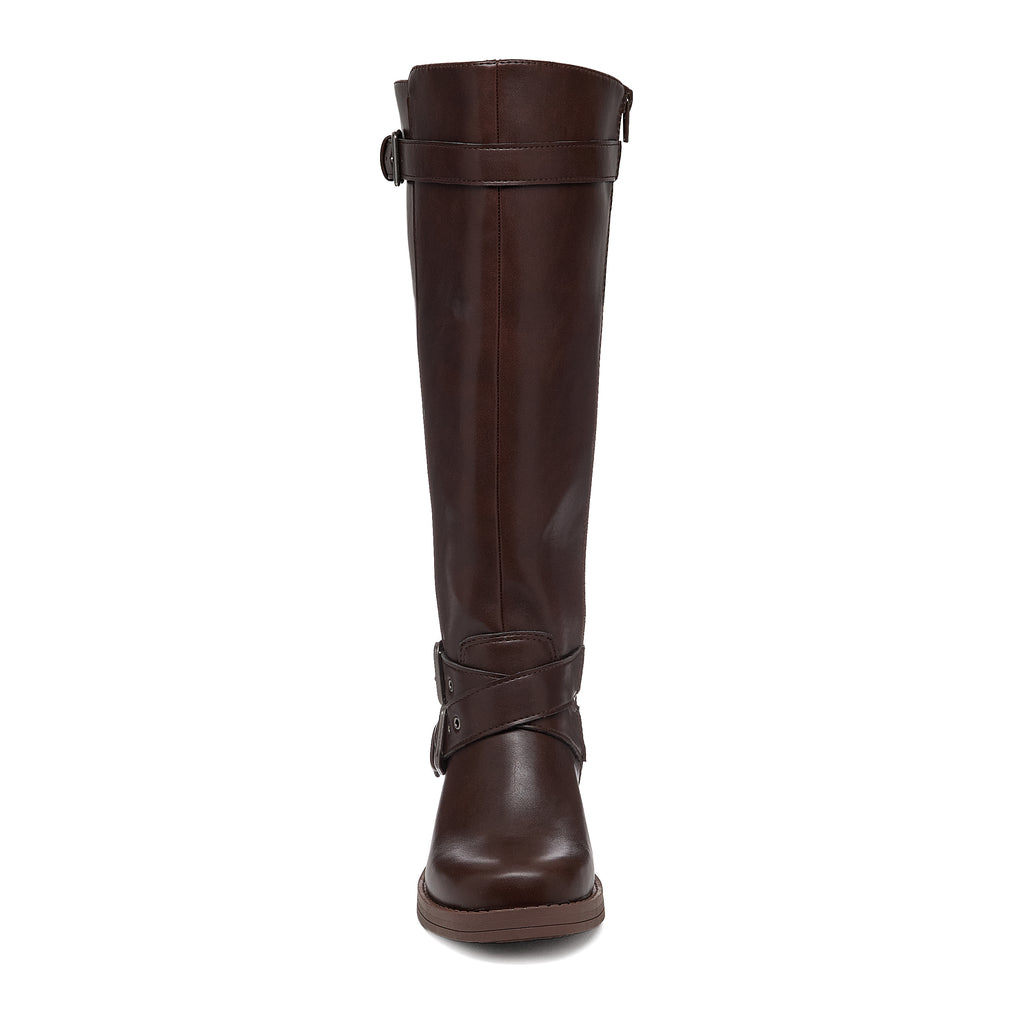 Fillie Dark Brown Boots front view showing tall shaft, rounded toe and crossed buckle straps