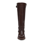 Fillie Dark Brown Boots front view showing tall shaft, rounded toe and crossed buckle straps