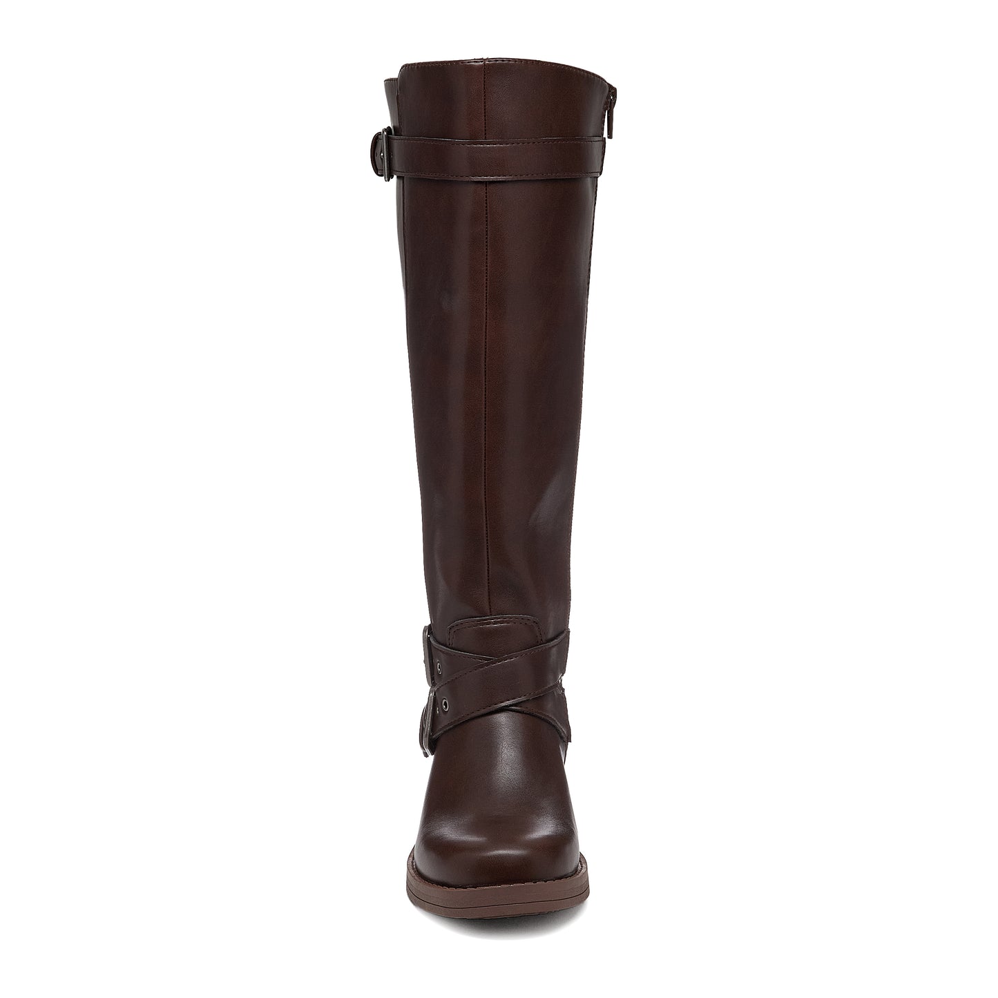 Fillie Dark Brown Boots front view showing tall shaft, rounded toe and crossed buckle straps