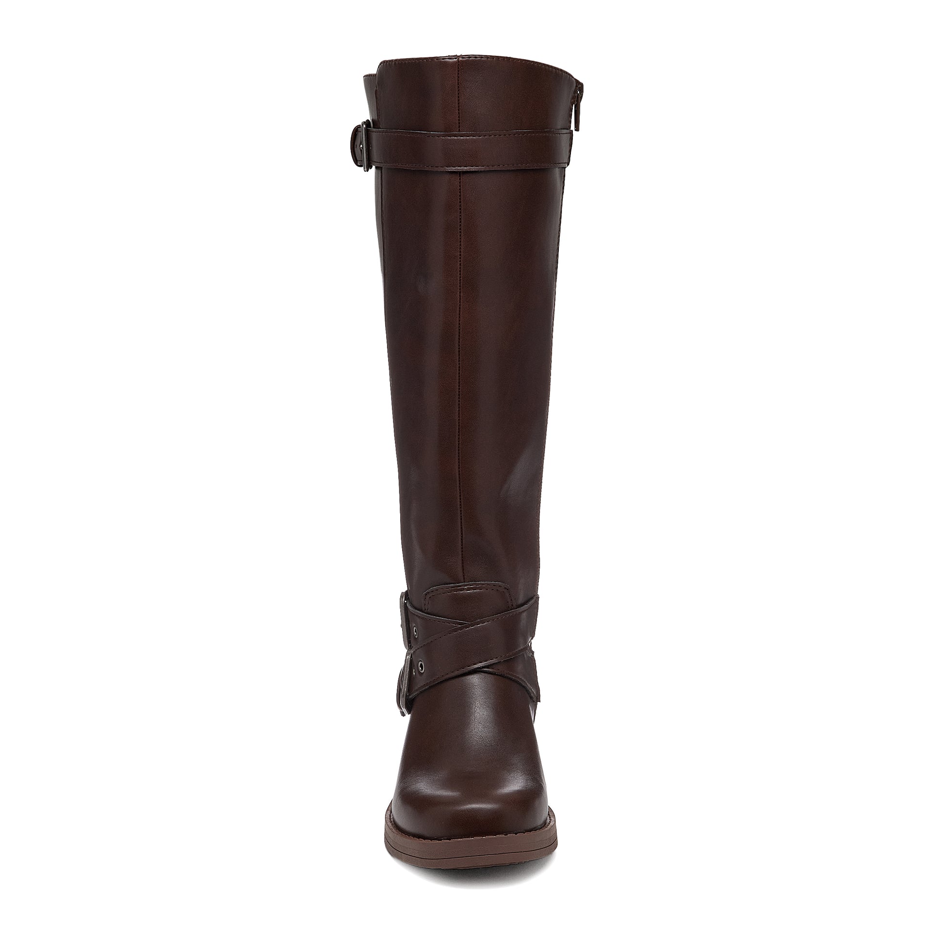 Fillie Dark Brown Boots front view showing tall shaft, rounded toe and crossed buckle straps