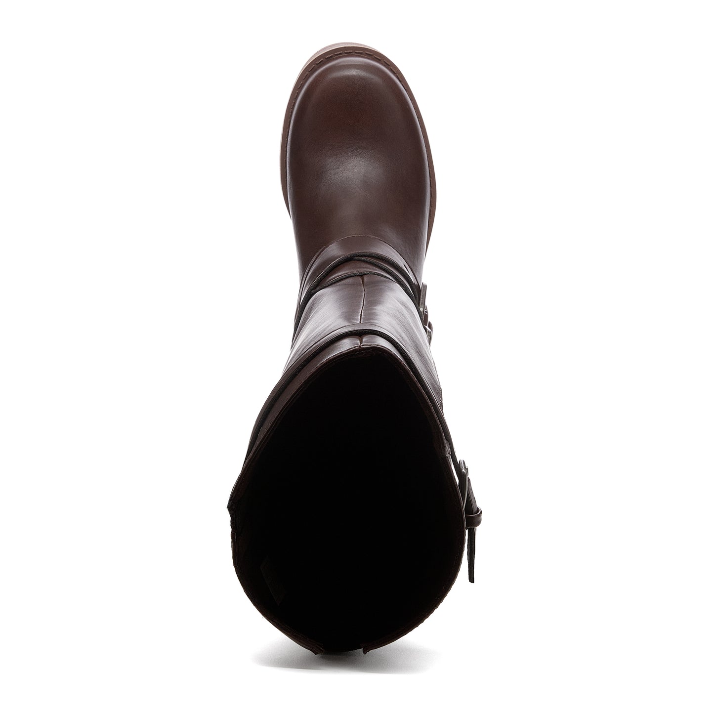 Fillie Dark Brown Boots top view showing rounded toe, tall shaft opening and buckle detail