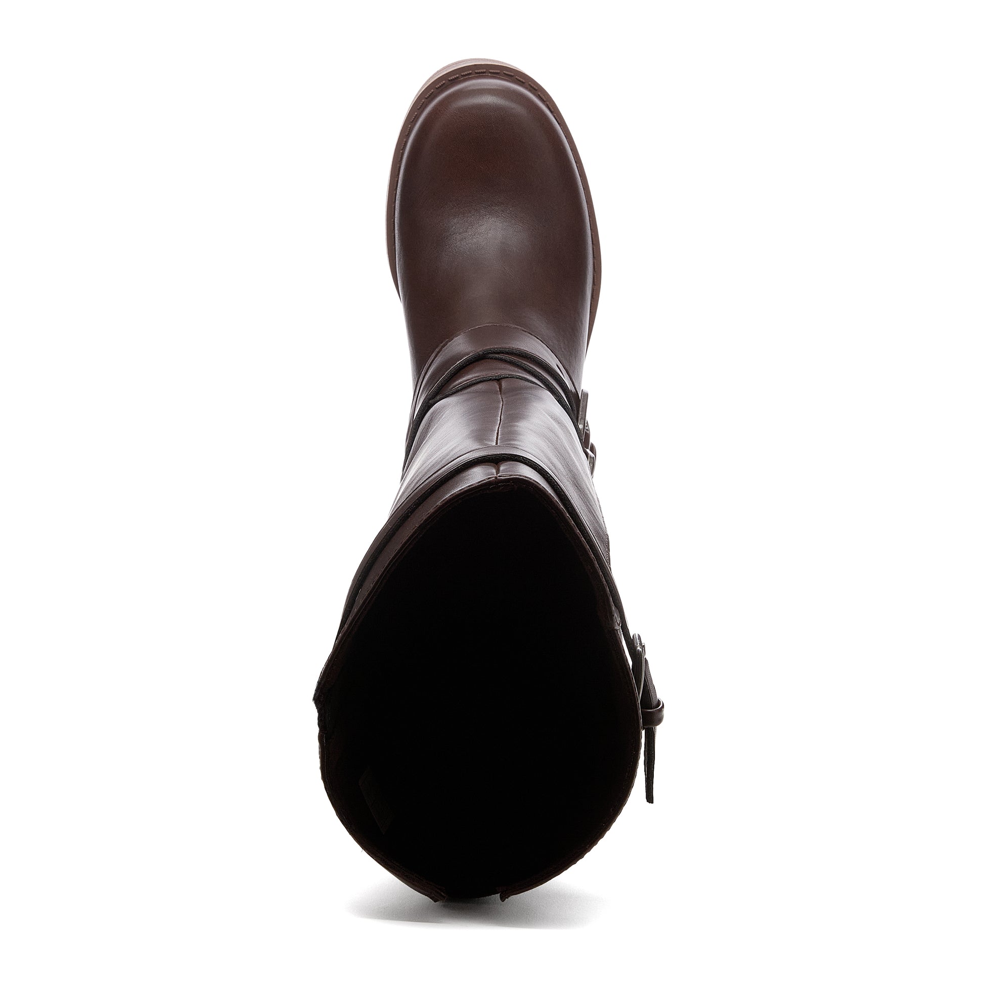 Fillie Dark Brown Boots top view showing rounded toe, tall shaft opening and buckle detail