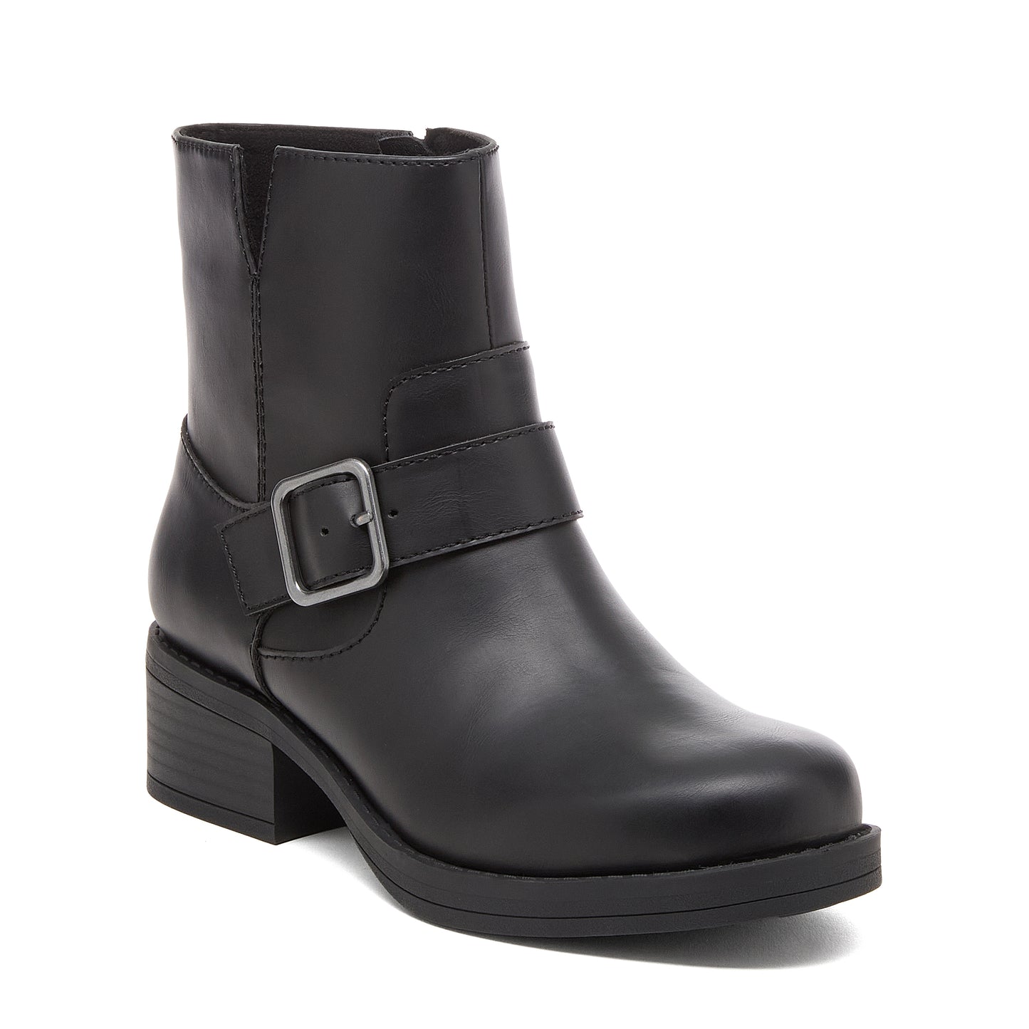 Freddie Black Boots black boots angled front view with buckle strap, rounded toe and low heel