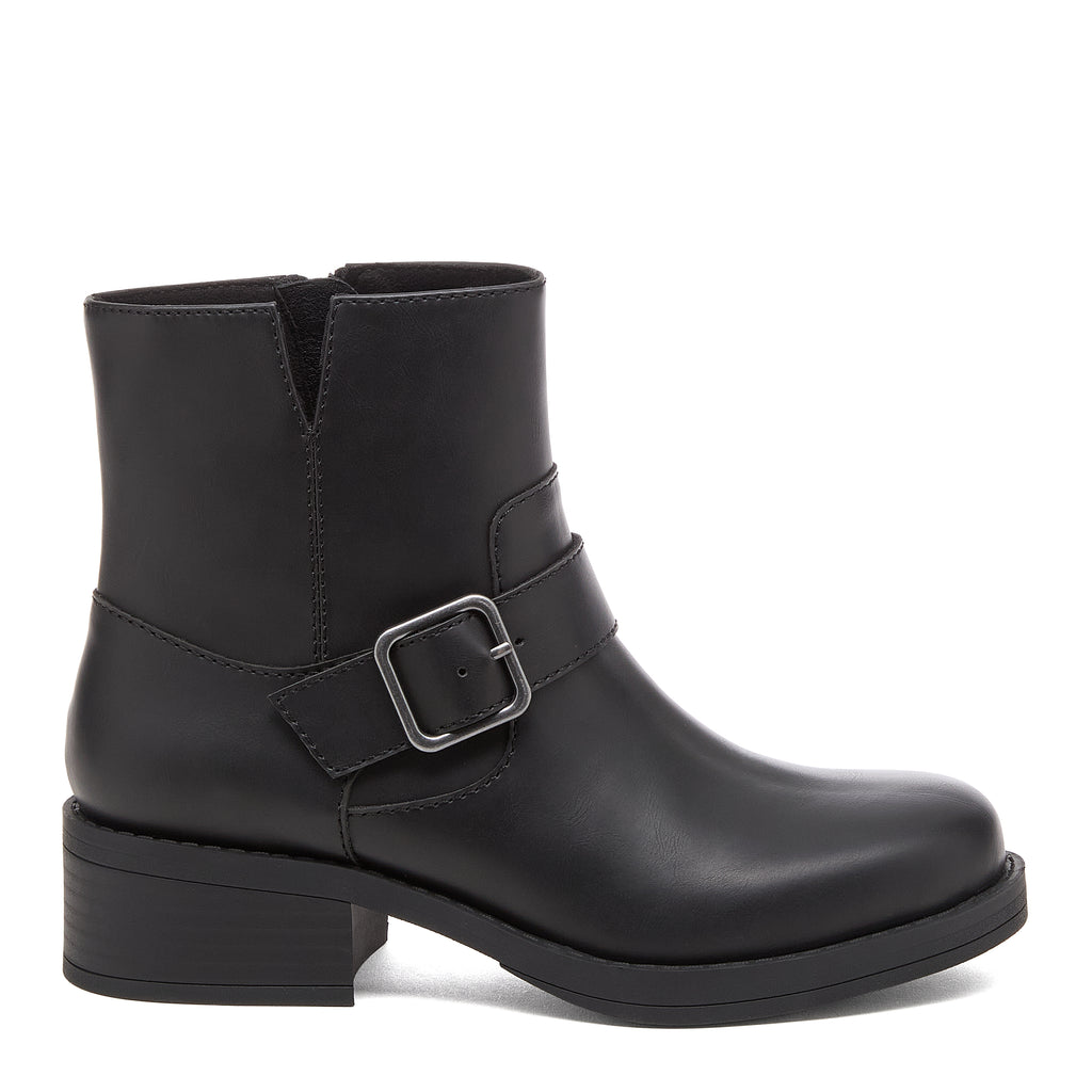 Freddie Black Boots black boots side view with square buckle strap and low heel