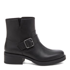 Freddie Black Boots black boots side view with square buckle strap and low heel