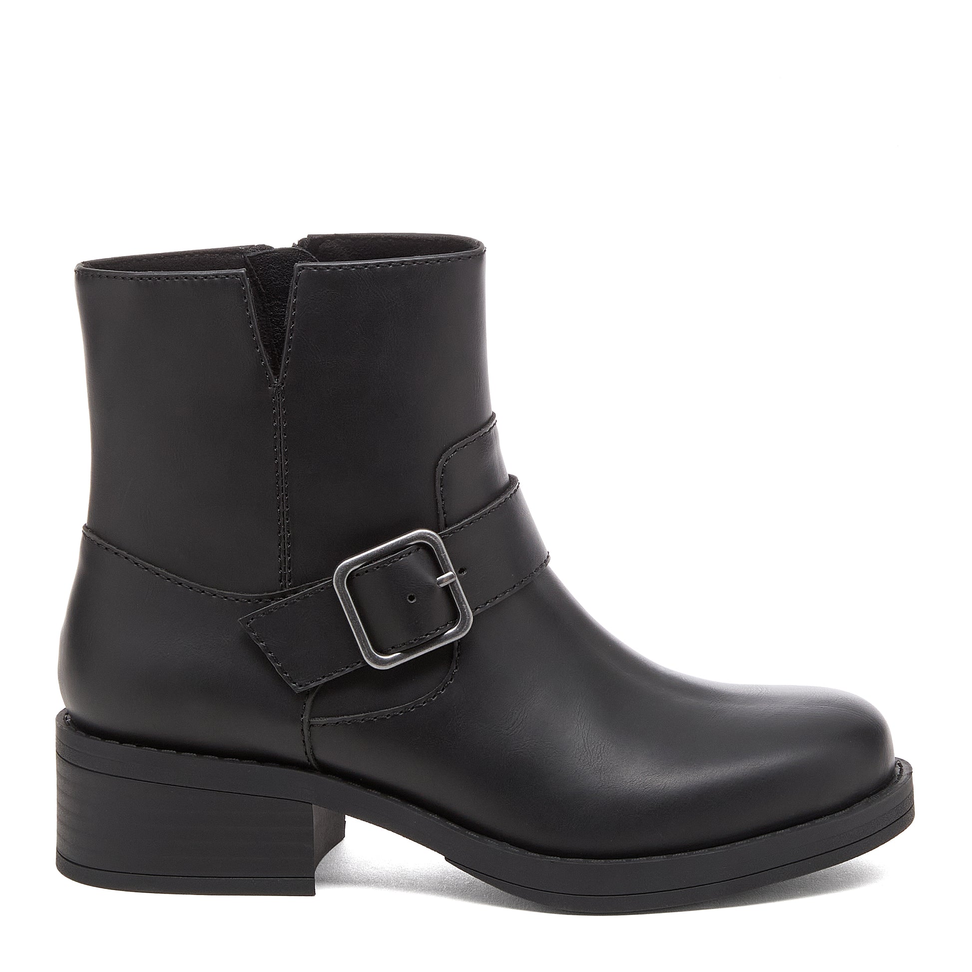 Freddie Black Boots black boots side view with square buckle strap and low heel