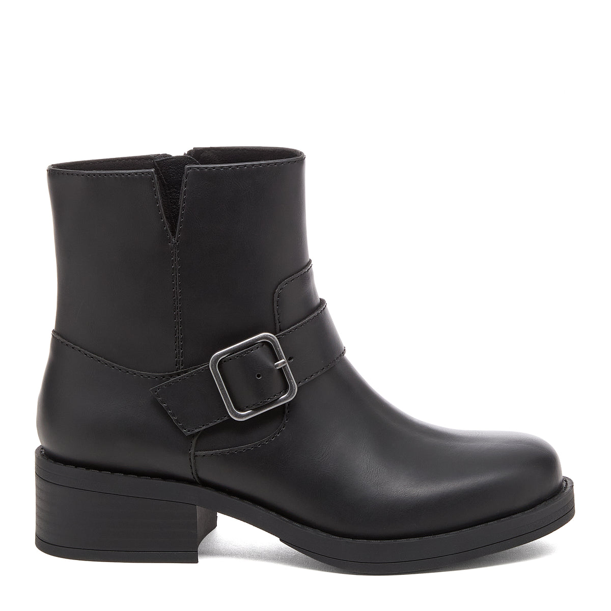 Freddie Black Boots black boots side view with square buckle strap and low heel
