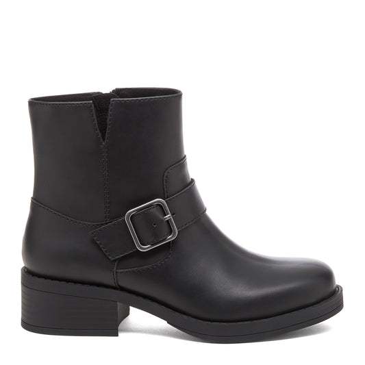 Freddie Black Boots black boots side view with square buckle strap and low heel